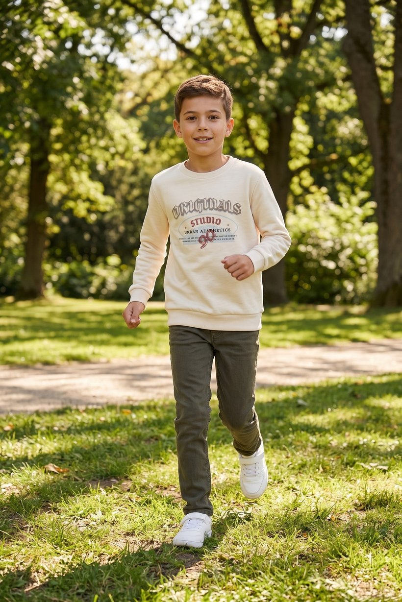 Kids Boy Graphic Print Long Sleeve Sweatshirt, Light Beige