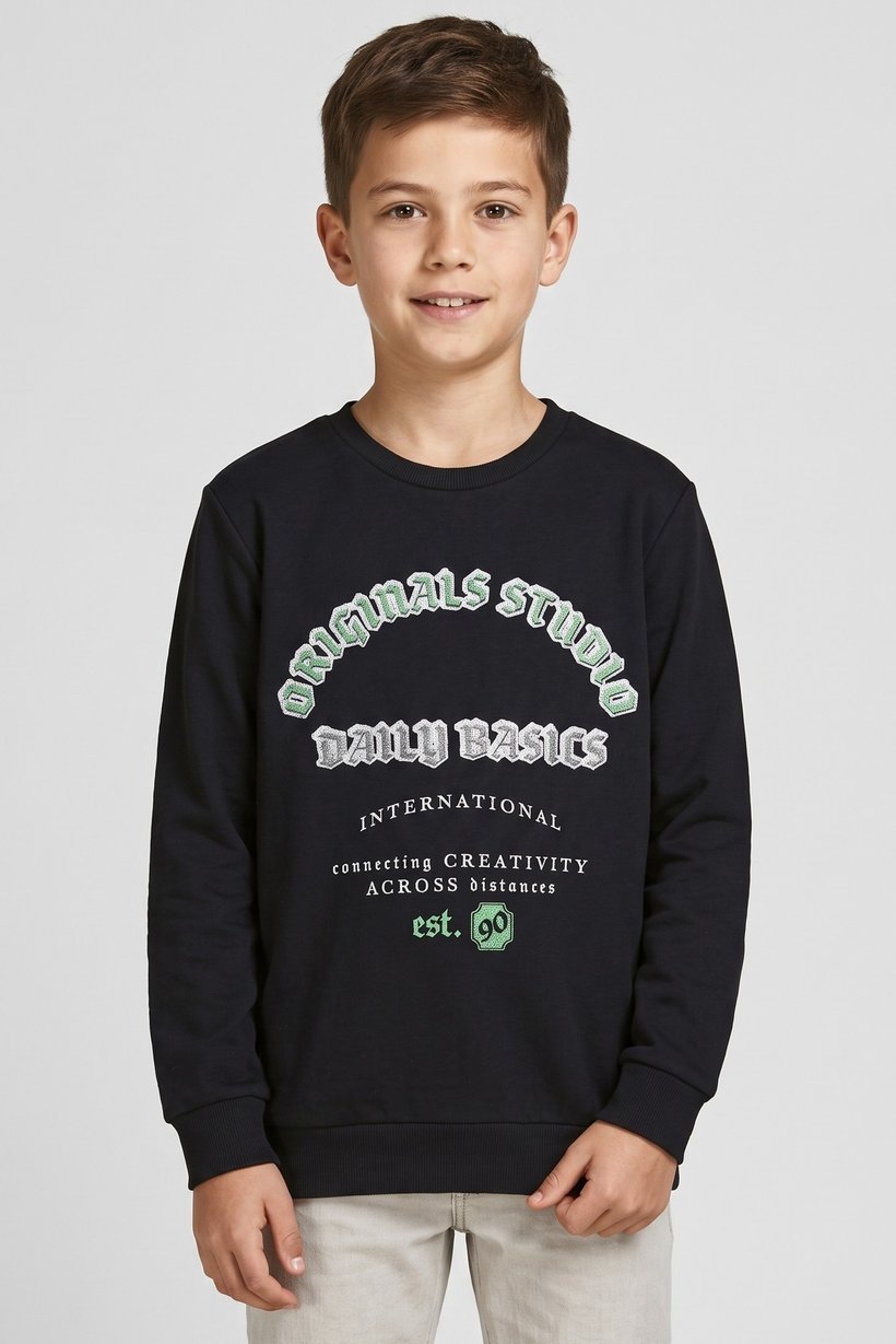 Kids Boy Crew Neck Graphic Print Long Sleeve Sweatshirt, Black