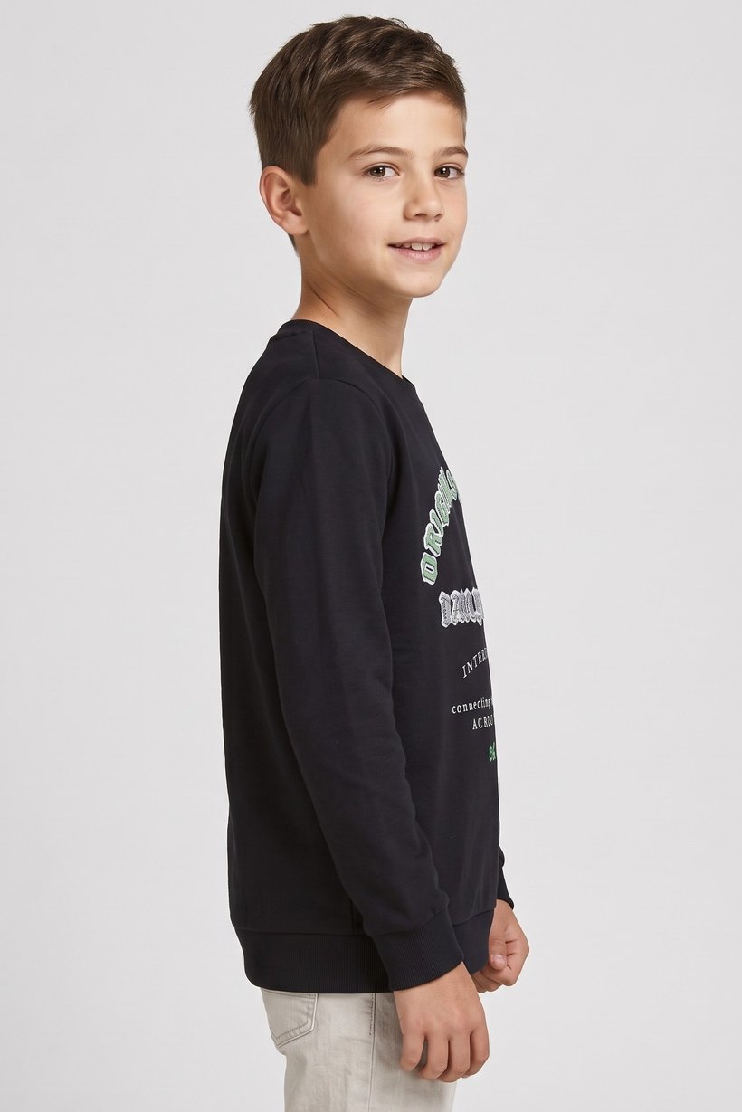 Kids Boy Crew Neck Graphic Print Long Sleeve Sweatshirt, Black