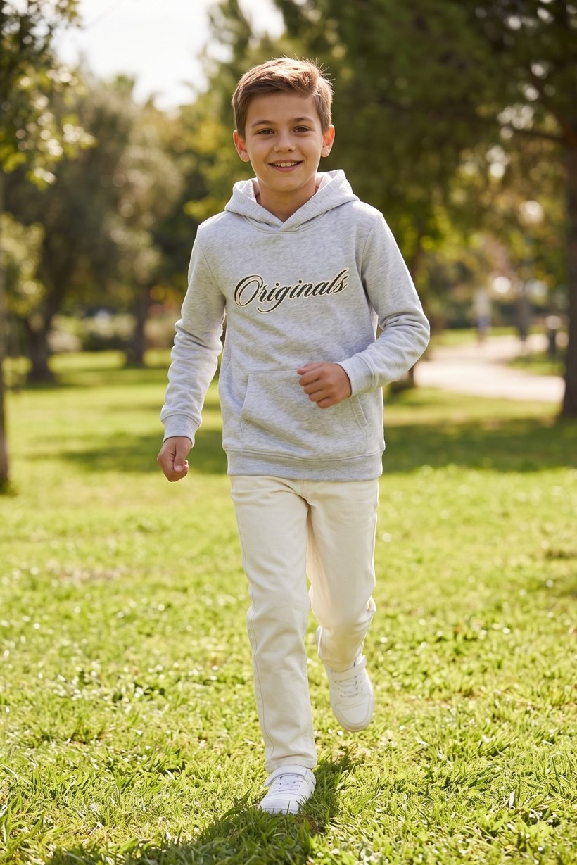 Kids Boy Graphic Printed Long Sleeve Hoodie, Light Grey