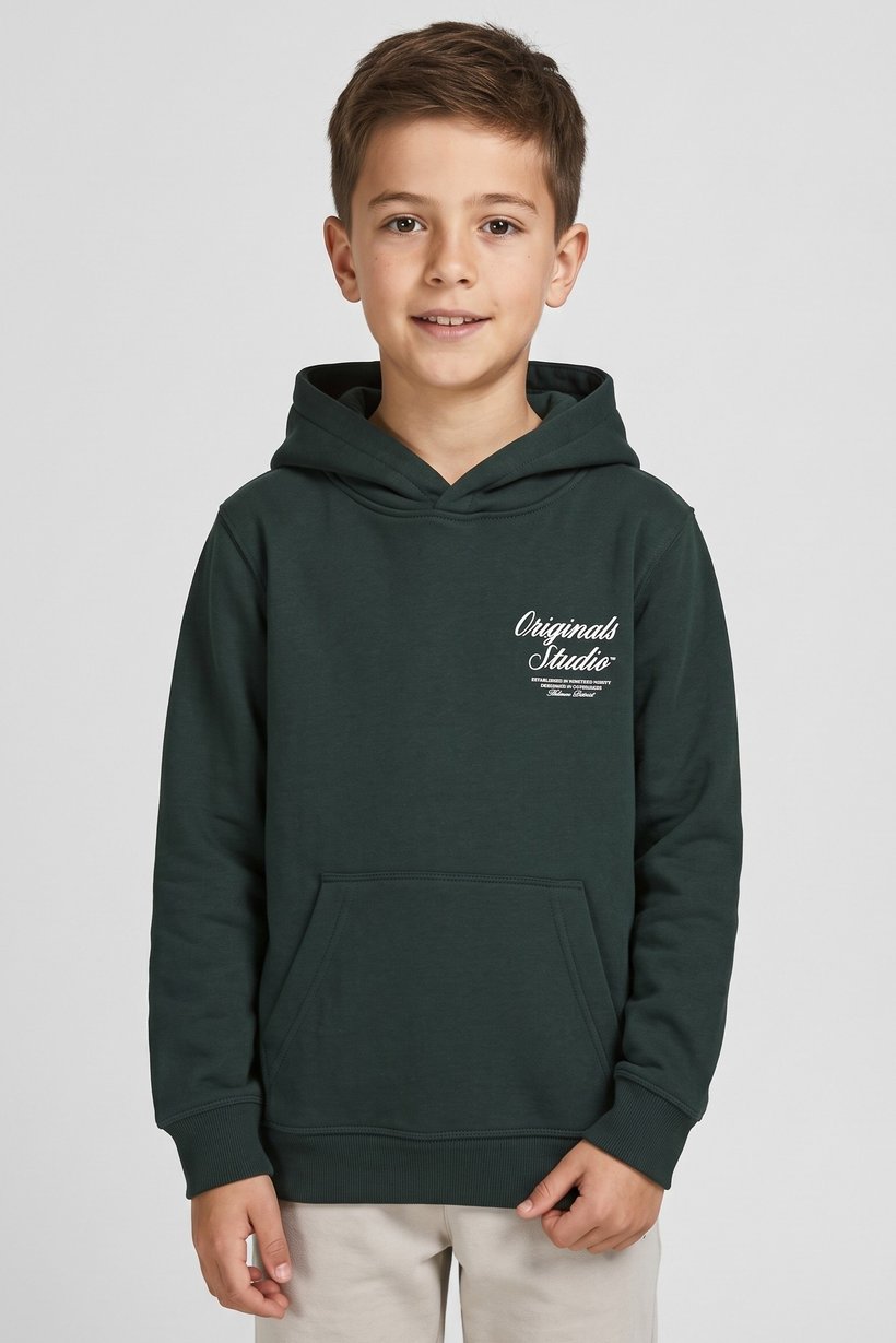 Kids Boy Graphic Print Long Sleeve Hoodie, Dark Green