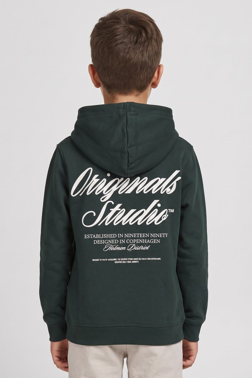 Kids Boy Graphic Print Long Sleeve Hoodie, Dark Green