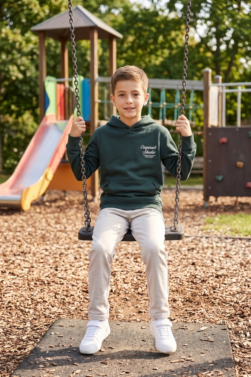 Kids Boy Graphic Print Long Sleeve Hoodie, Dark Green