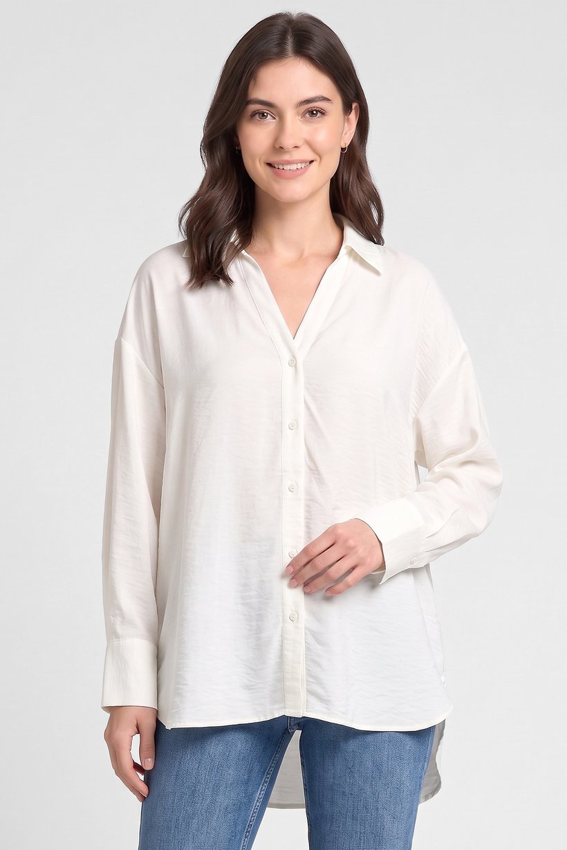 Women Oversized Fit Plain Long Sleeve Shirt, Off White