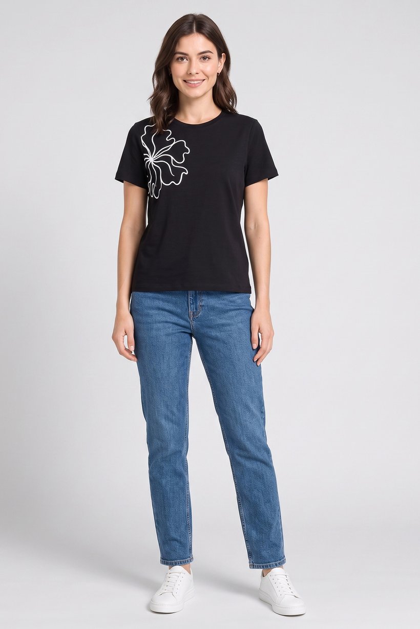 Women Crew Neck Short Sleeve Graphic Print Top, Black