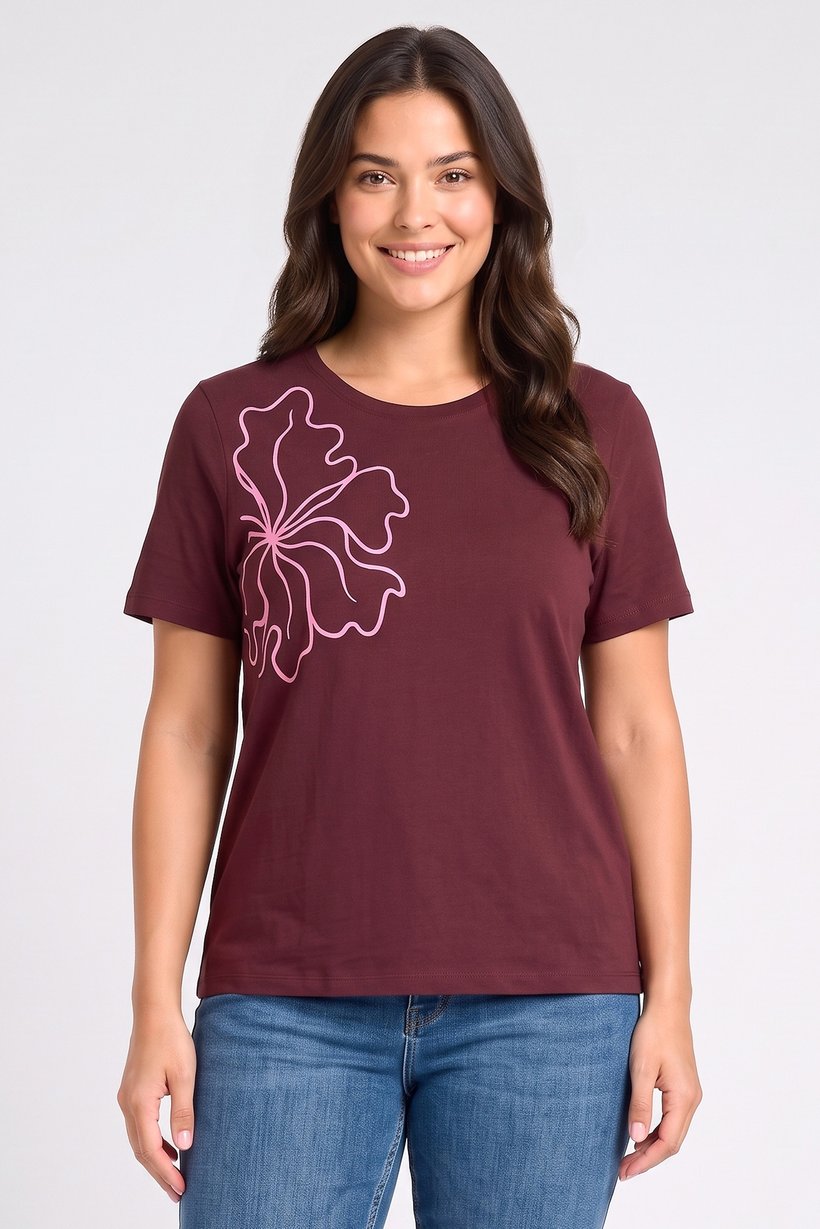 Women Crew Neck Short Sleeve Graphic Print T-Shirt, Maroon