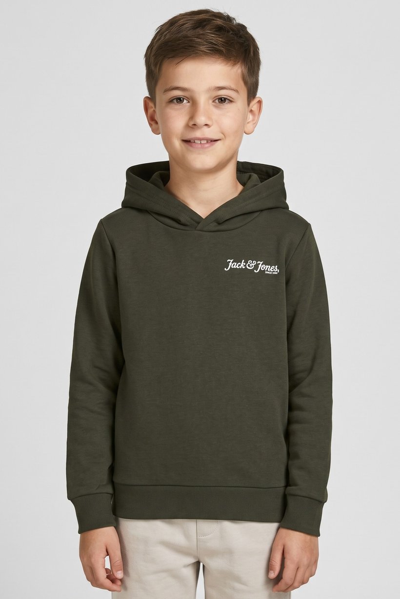 Kids Boy Brand Logo Long Sleeve Hoodie, Olive