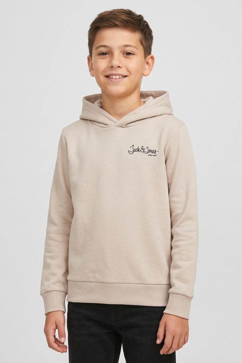Kids Boy Brand Logo Long Sleeve Hoodie, Beige