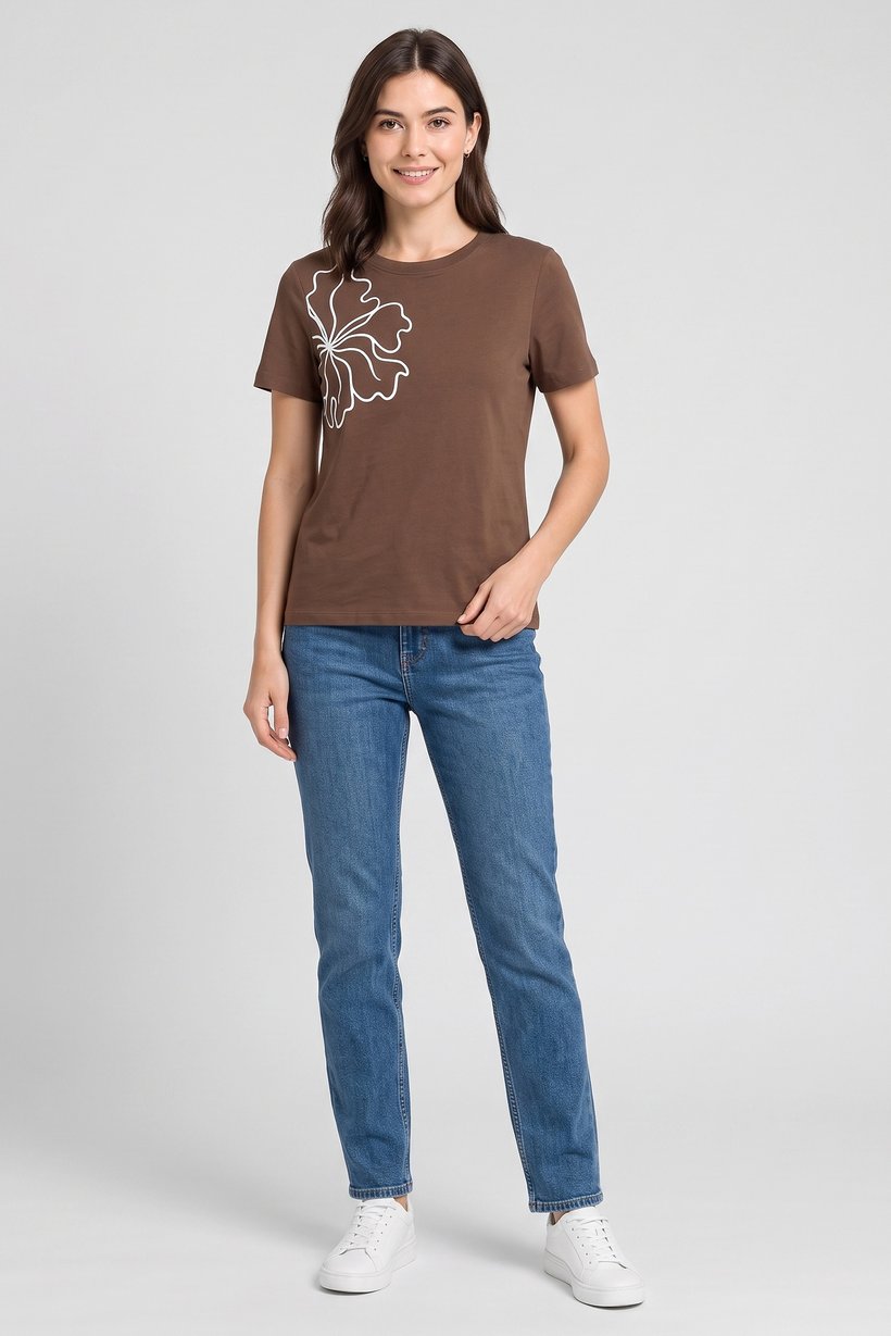 Women Crew Neck Short Sleeve Graphic Print Top, Brown