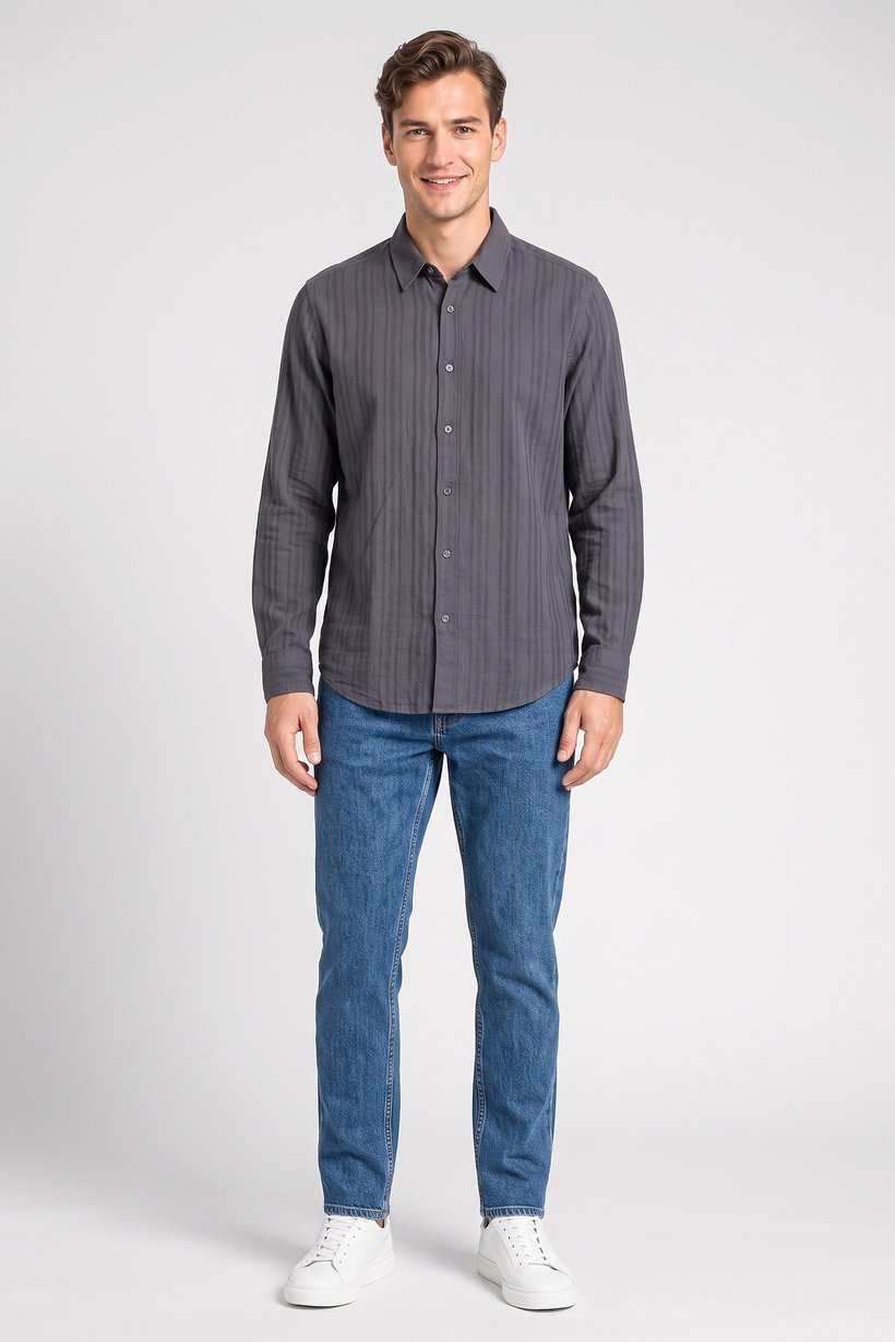 Men Regular Fit Stripe Long Sleeve Casual Shirt, Charcoal