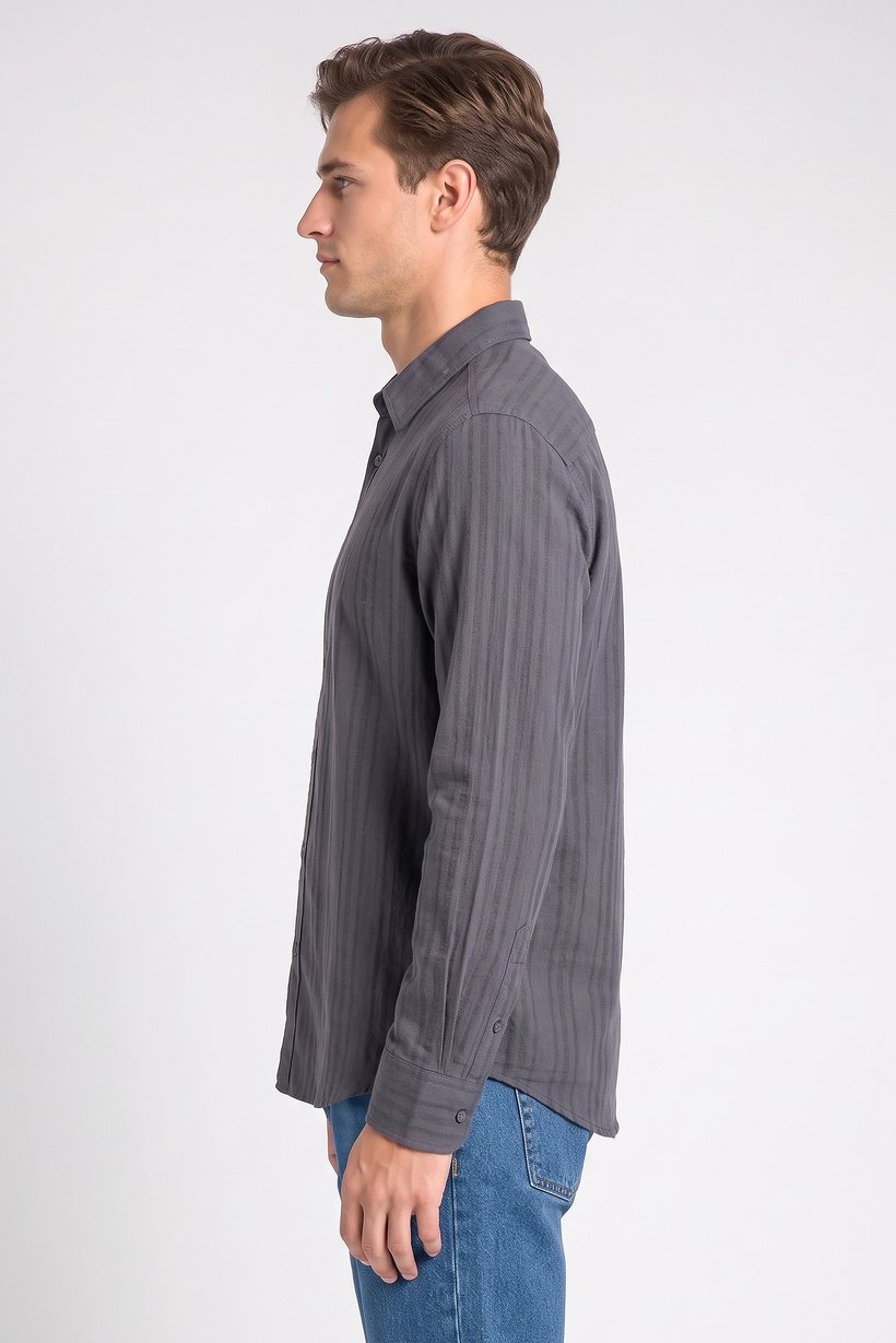 Men Regular Fit Stripe Long Sleeve Casual Shirt, Charcoal