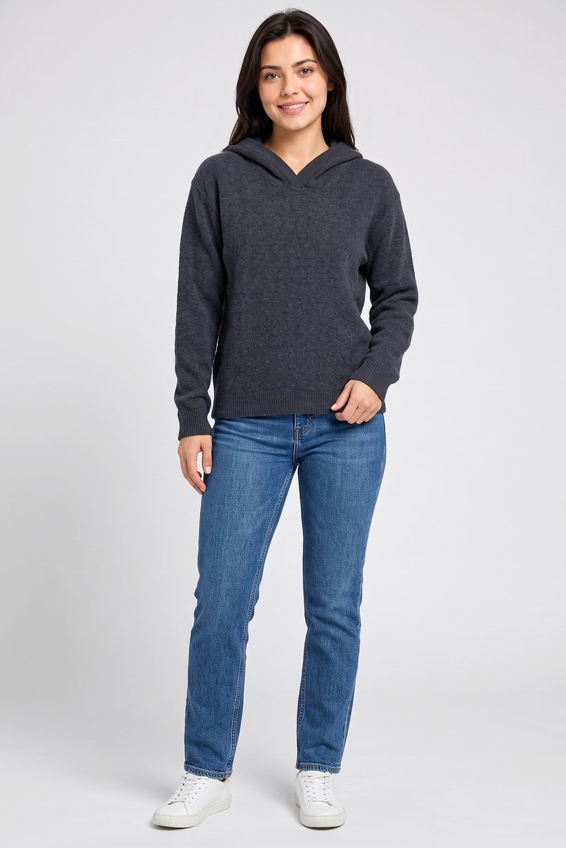 Women Knitted Long Sleeve Hoodie, Charcoal Grey