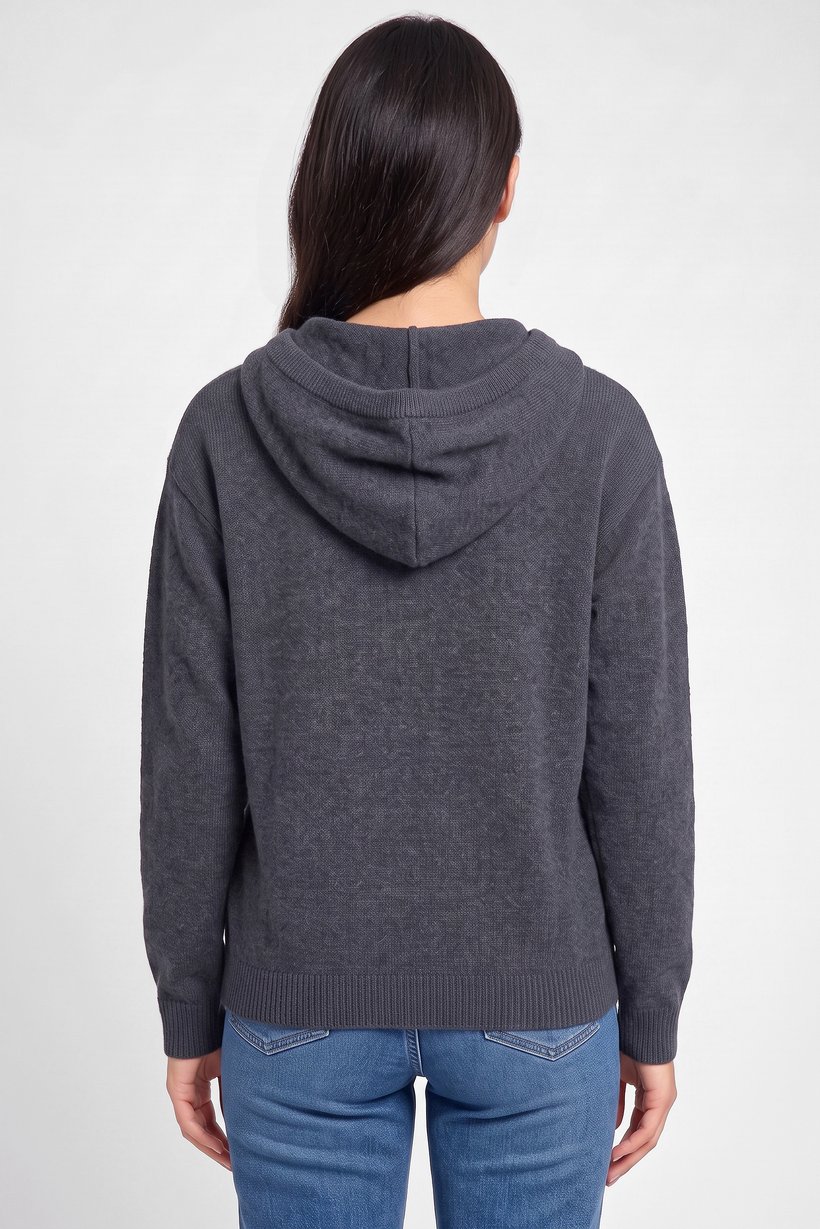 Women Knitted Long Sleeve Hoodie, Charcoal Grey