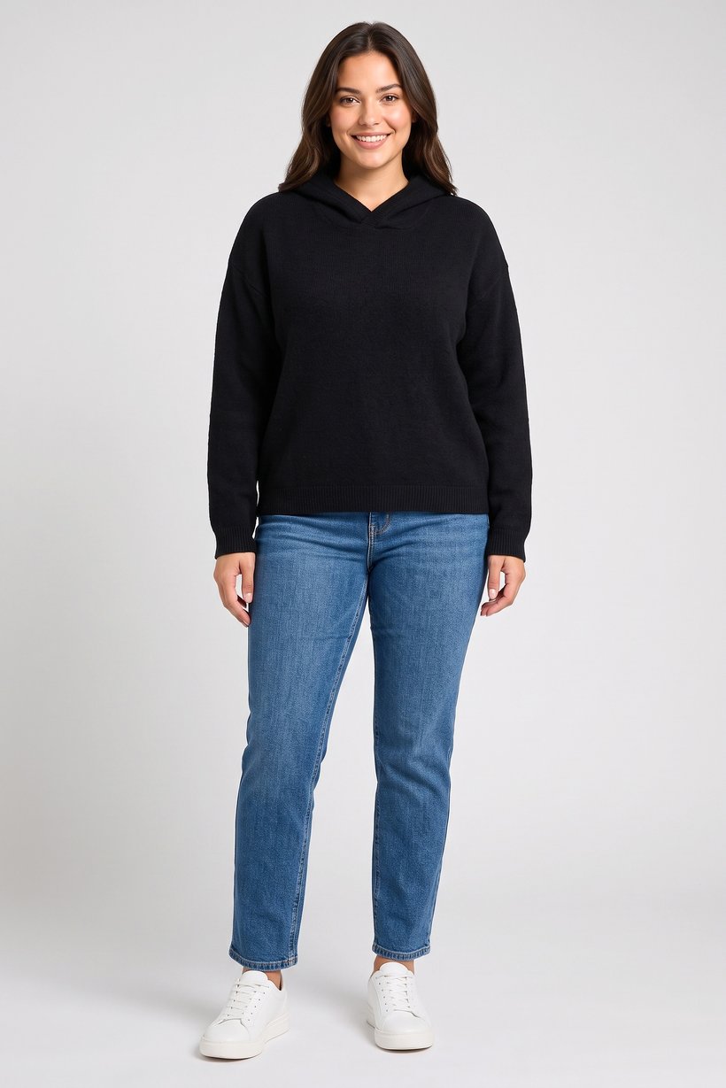 Women Knitted Long Sleeve Hoodie, Black