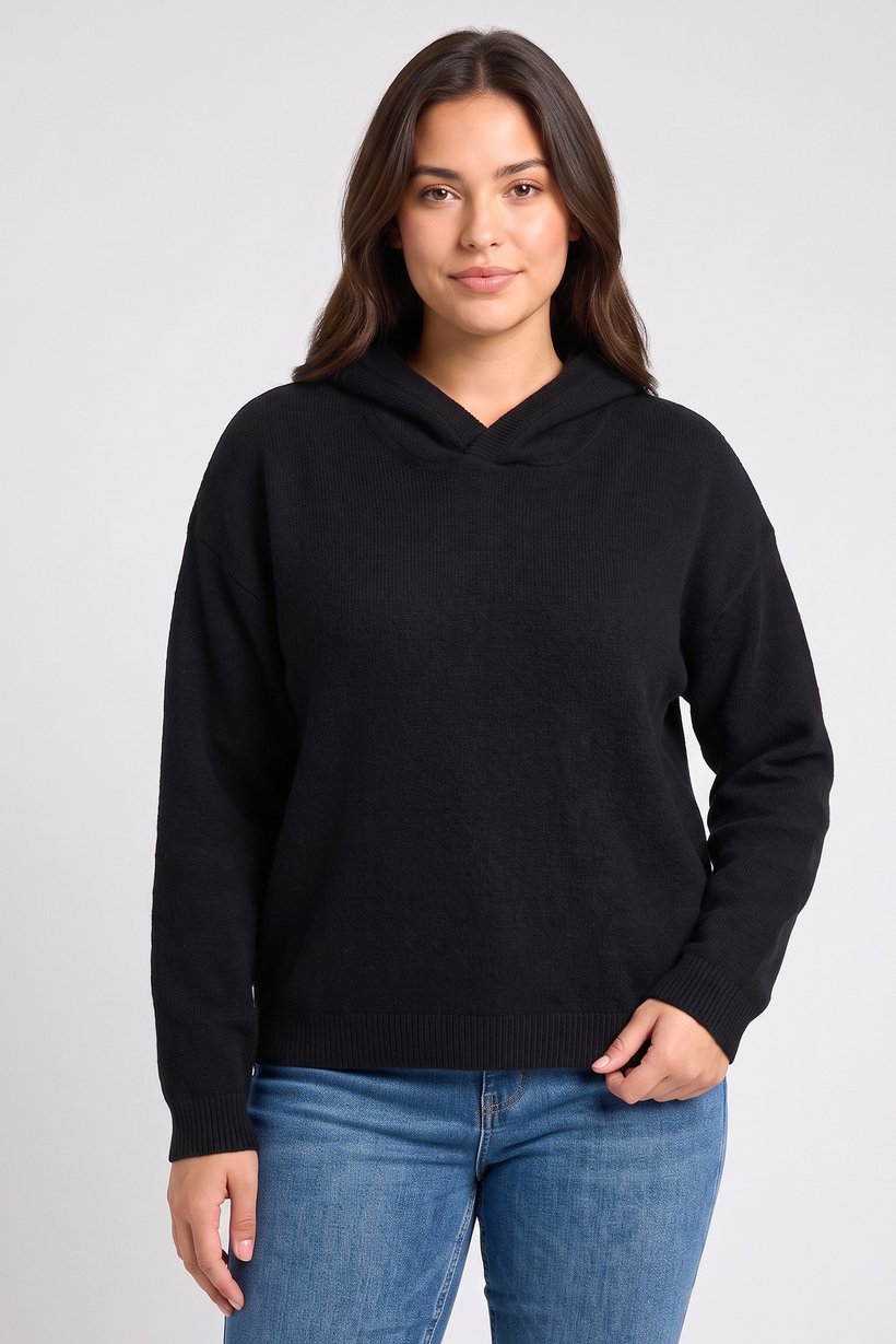Women Knitted Long Sleeve Hoodie, Black