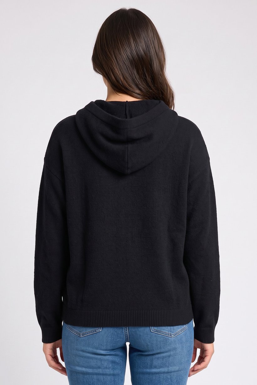 Women Knitted Long Sleeve Hoodie, Black