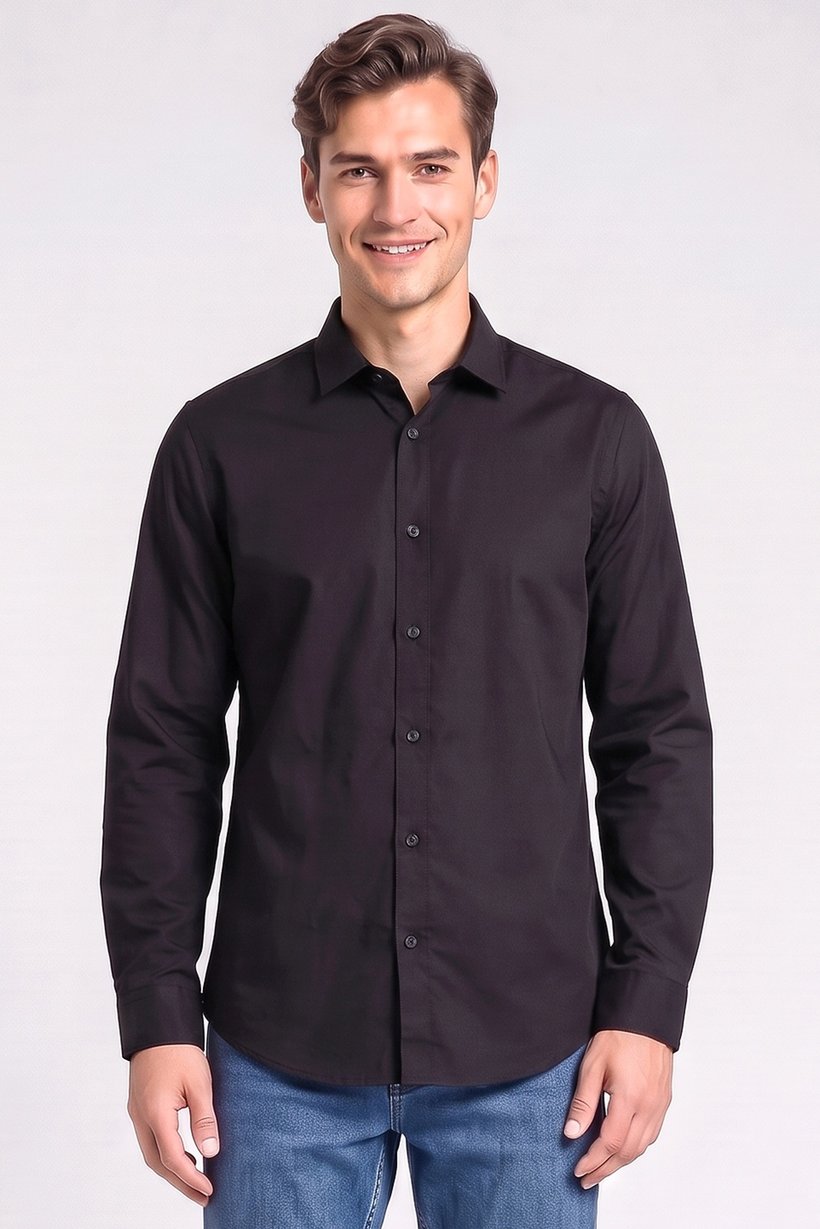 Men Slim Fit Solid Long Sleeve Casual Shirt, Black
