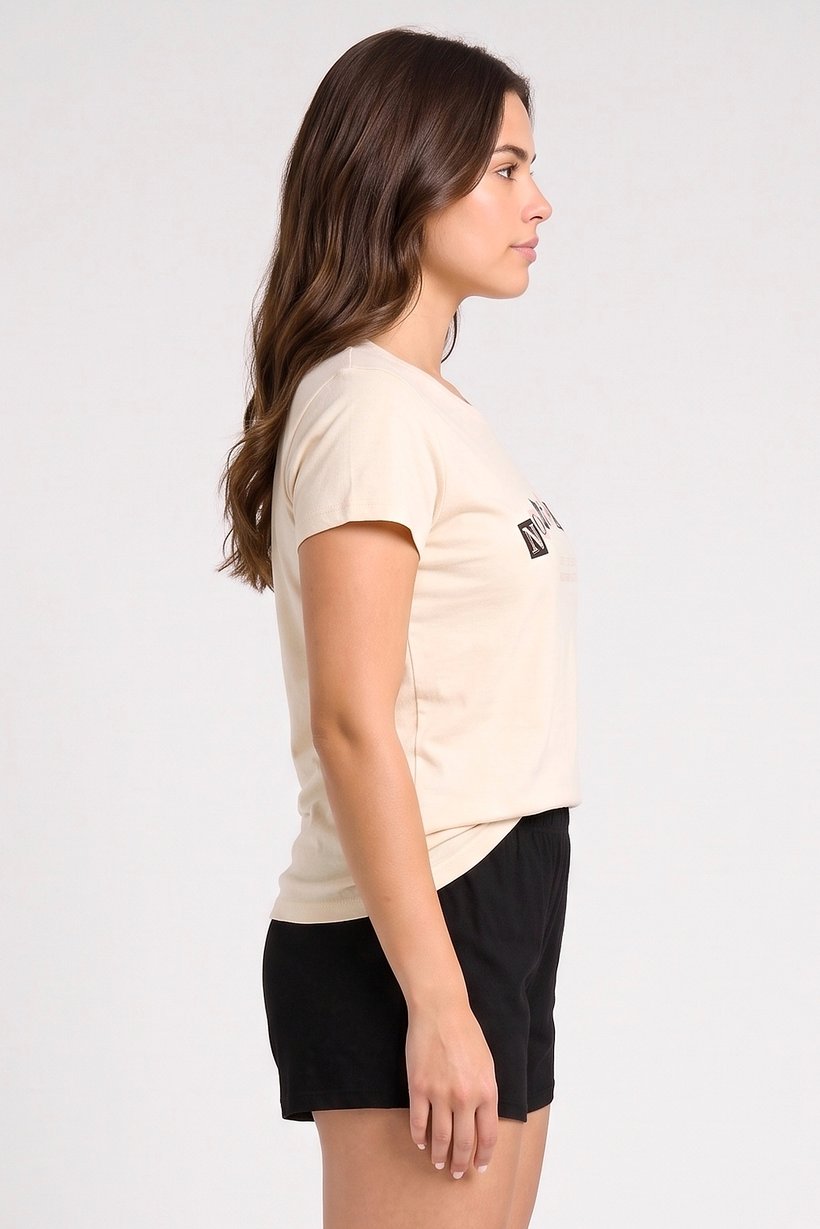 Women 2Pcs Jewel Neck Cap Sleeves Graphic Printed T-Shirt And Bottom Set, Cream