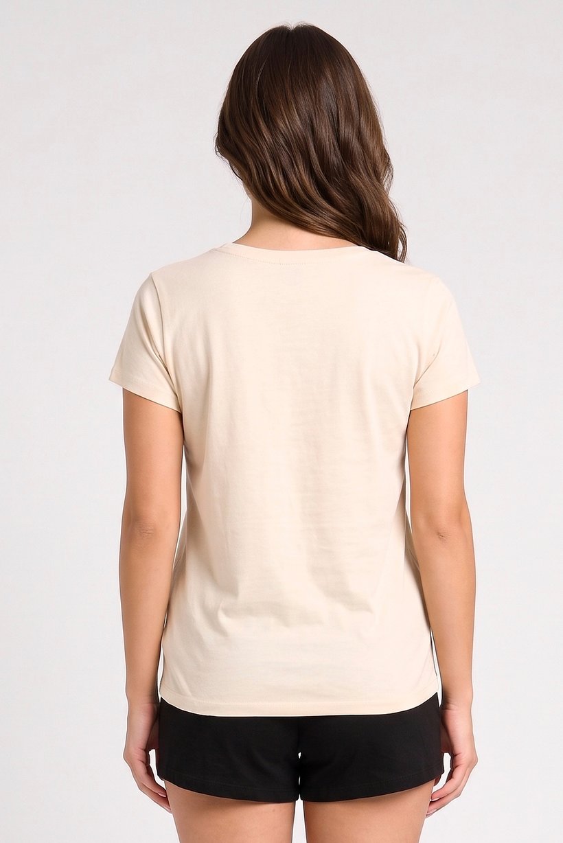 Women 2Pcs Jewel Neck Cap Sleeves Graphic Printed T-Shirt And Bottom Set, Cream