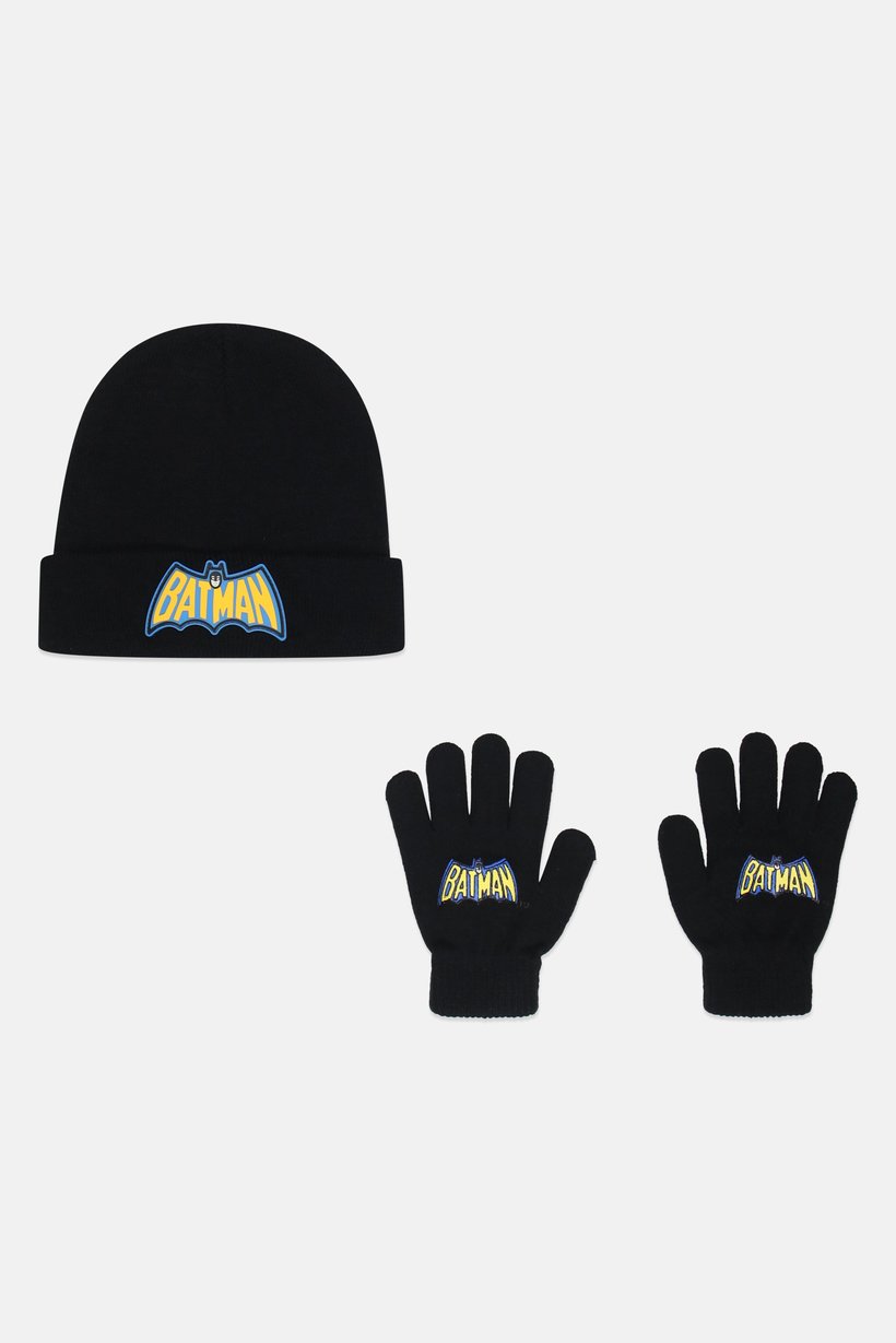 Kids Boy Batman Knitted Beanie And Gloves Set, Black