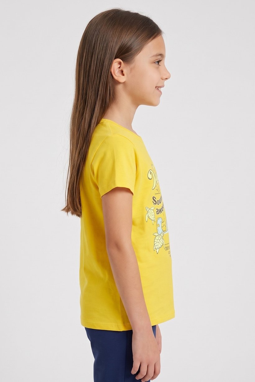 Kids Girl Round Neck Short Sleeve Graphic Print T-Shirt, Yellow