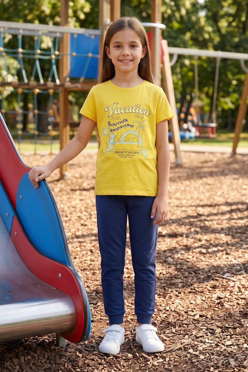 Kids Girl Round Neck Short Sleeve Graphic Print T-Shirt, Yellow