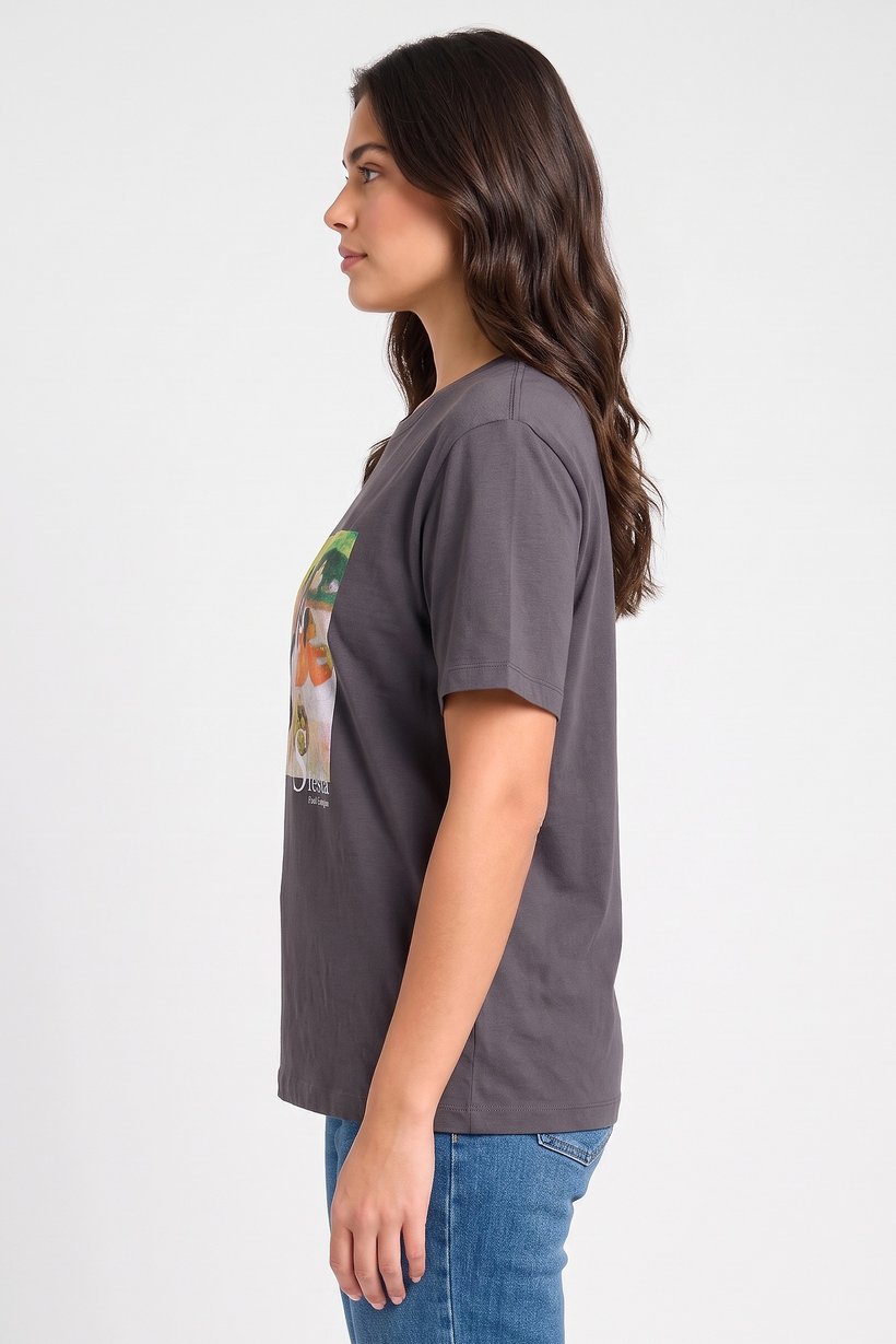 Women Crew Neck Short Sleeve Graphic Print T-Shirt, Grey