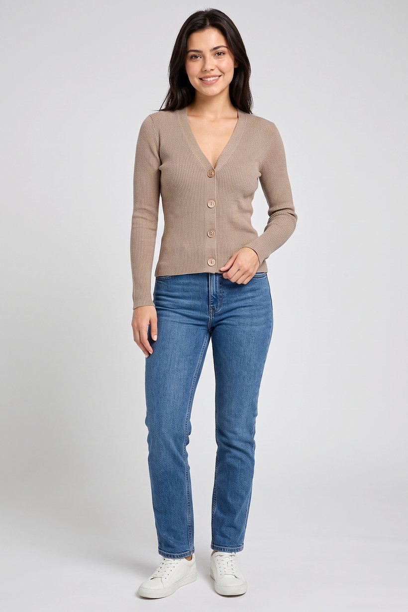 Women V Neck Knitted Cardigan, Taupe