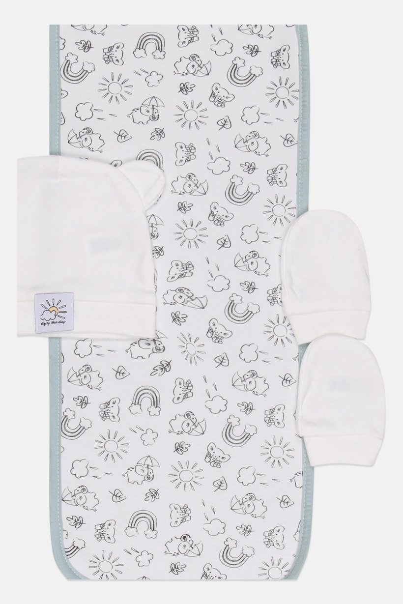 Toddlers Boy 3 Pcs Allover Print Cap And Gloves With Diaper, White