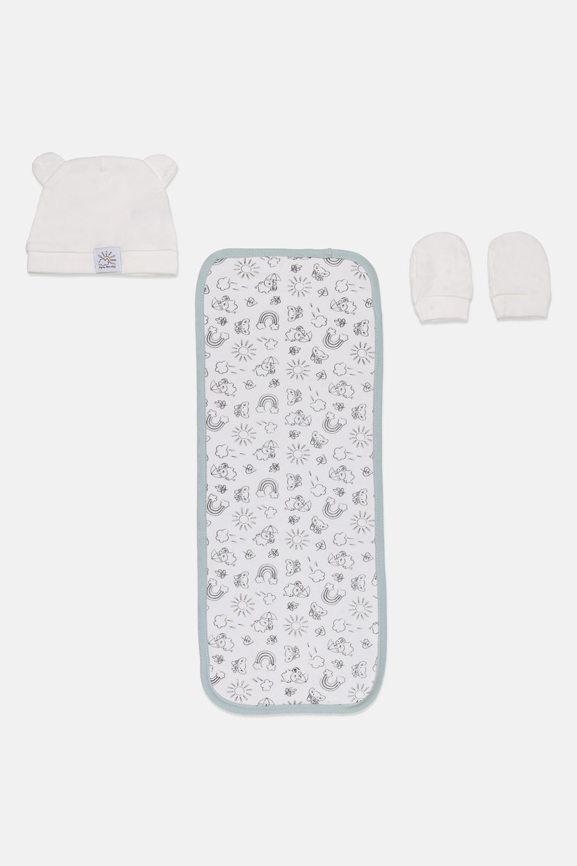 Toddlers Boy 3 Pcs Allover Print Cap And Gloves With Diaper, White