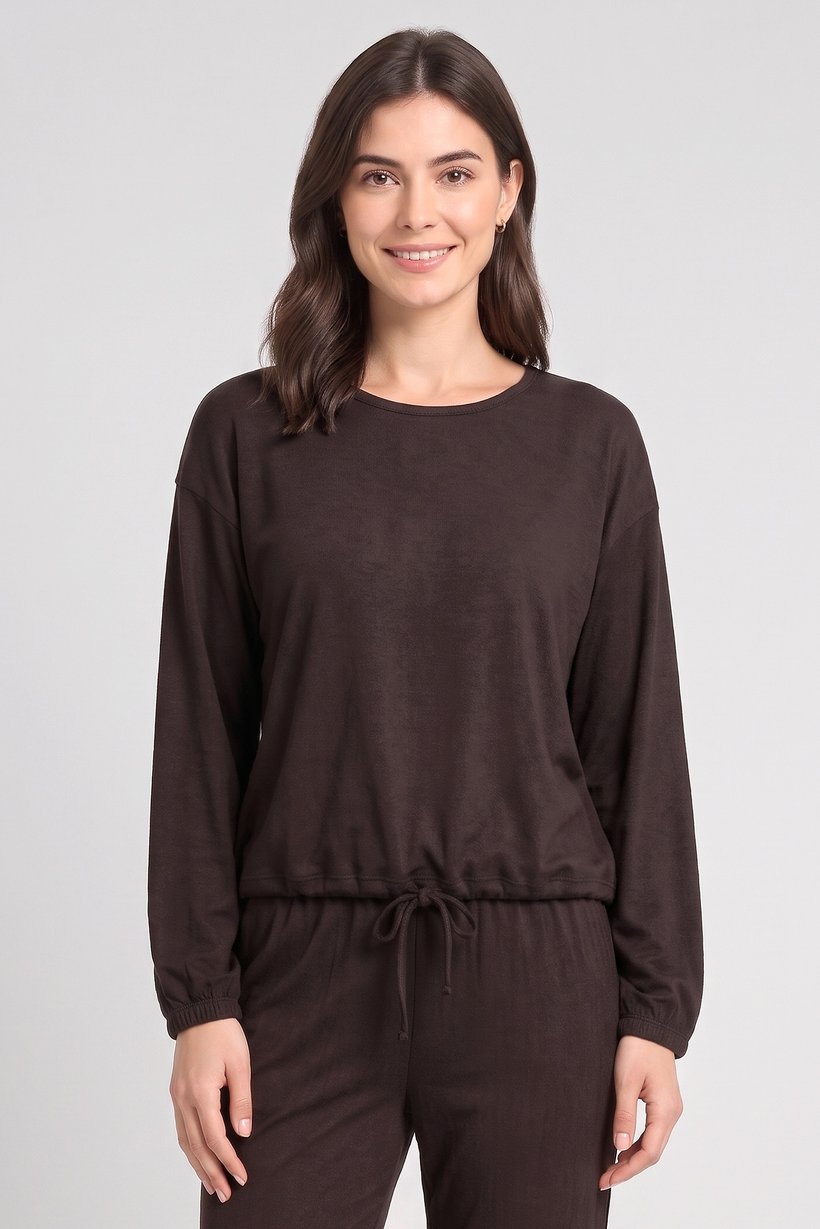 Women 2 Pcs Solid Pajama Top And Pants Set, Chocolate Brown