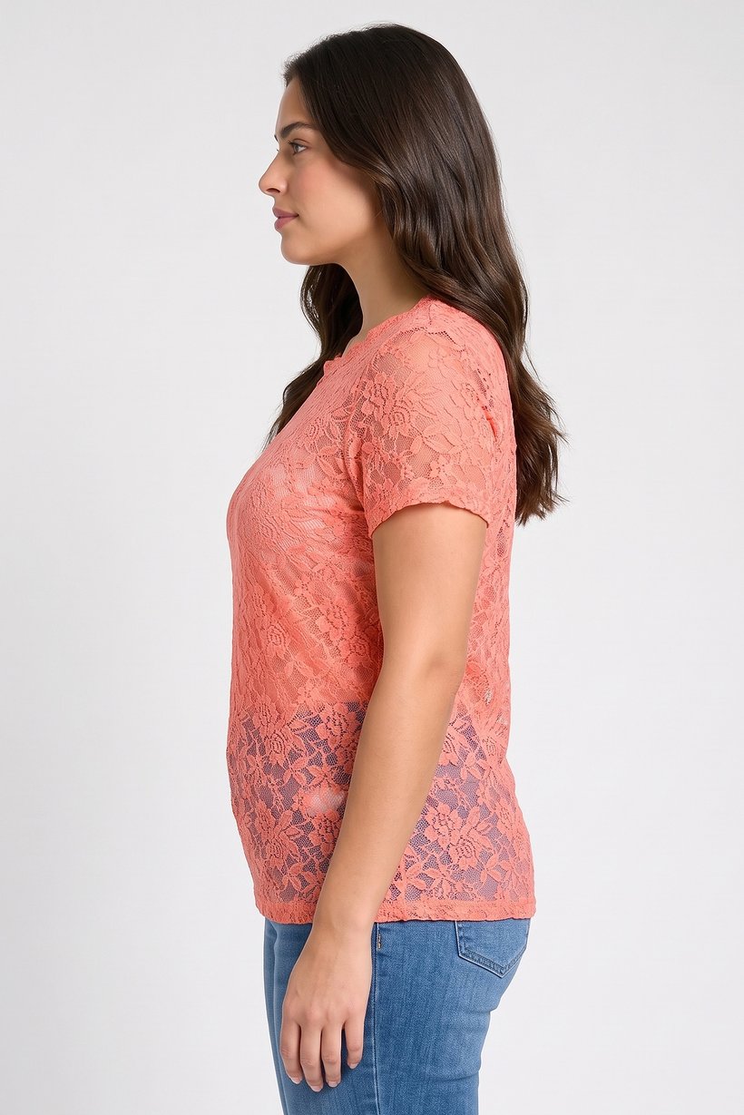 Women Round Neck Short Sleeve Eyelet Top, Orange