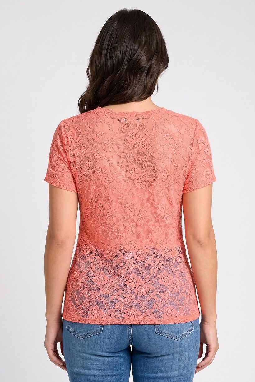 Women Round Neck Short Sleeve Eyelet Top, Orange