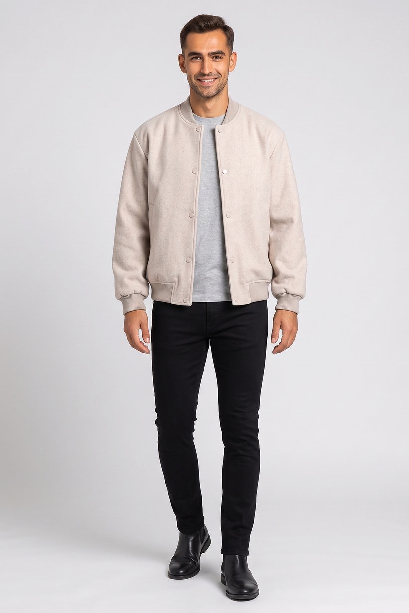 Men Plain Bomber Jacket, Beige