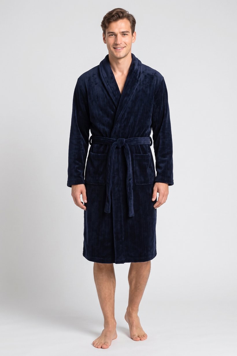 Men Textured Bath Robe, Dark Navy