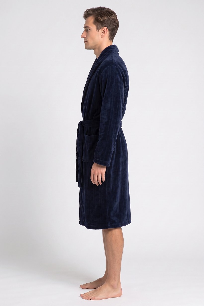 Men Textured Bath Robe, Dark Navy