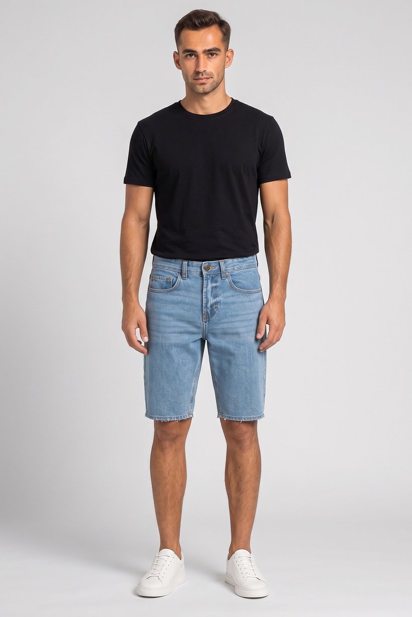 Men Washed Denim Shorts, Navy