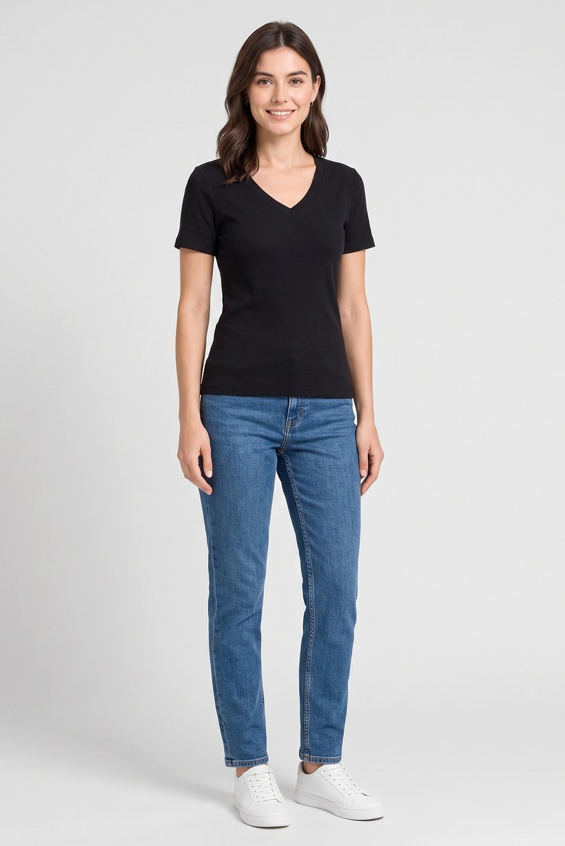 Women V Neck Short Sleeve Solid Top, Black