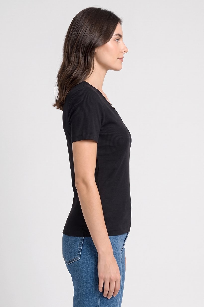 Women V Neck Short Sleeve Solid Top, Black