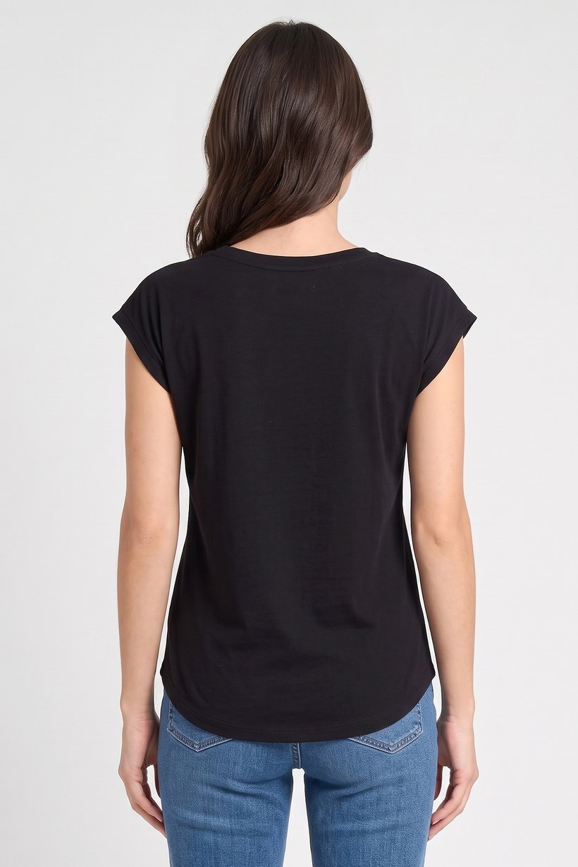 Women Crew Neck Cap Sleeve Solid Top, Black