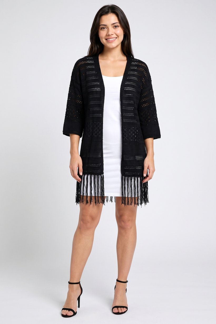 Women Split Neck Knitted Cardigan, Black
