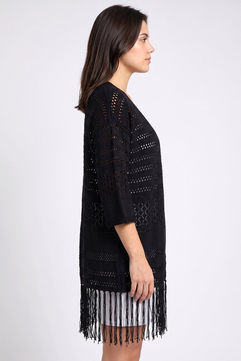 Women Split Neck Knitted Cardigan, Black