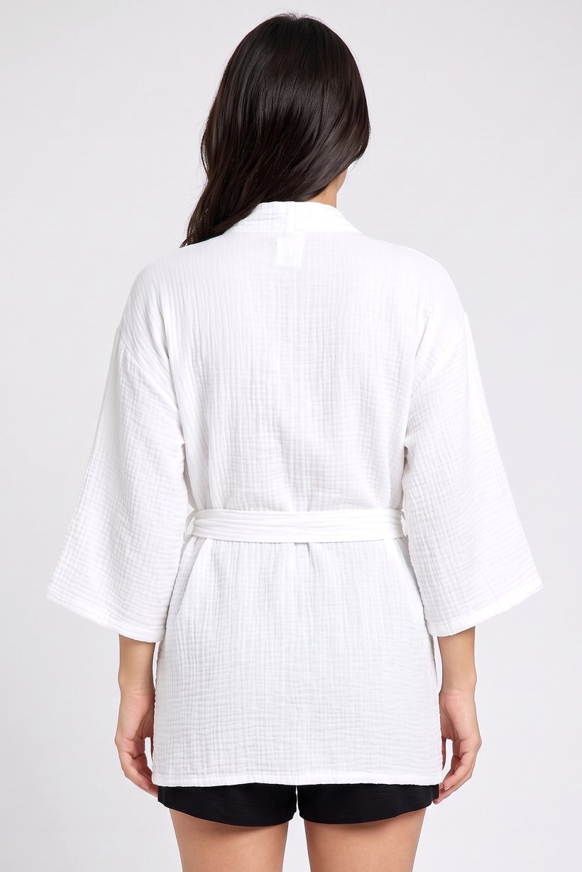 Women Split Neck Solid Short Sleeve Kimono Robe, White