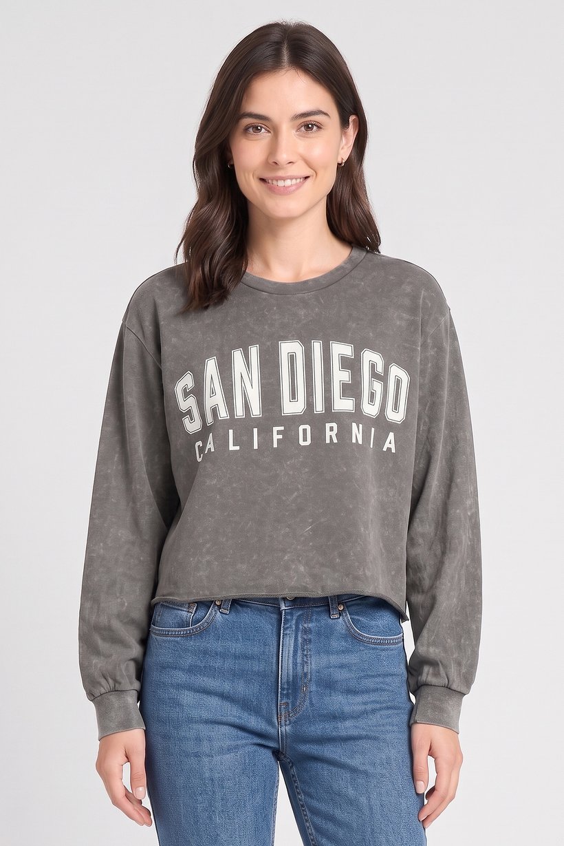 Women Crew Neck Graphic Print Long Sleeve Sweatshirt, Grey