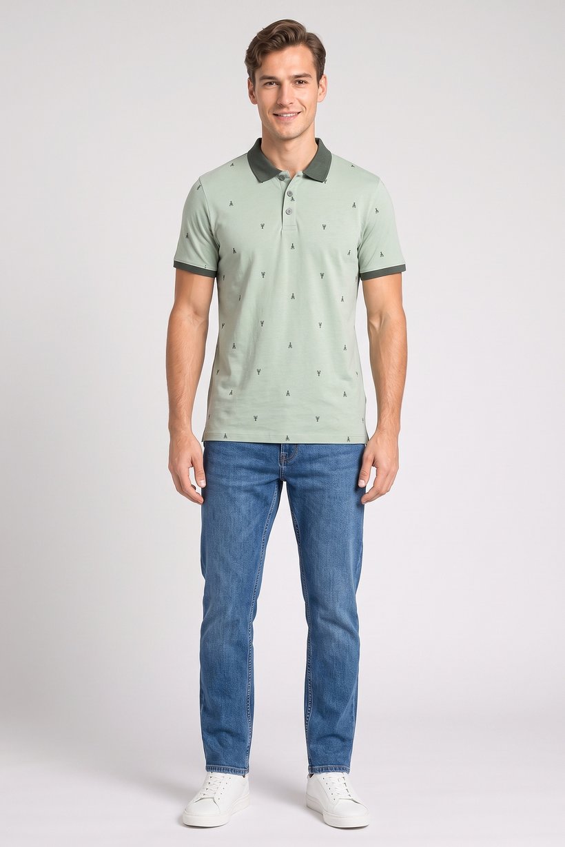 Men Regular Fit Allover Print Short Sleeve Polo Shirt, Light Green