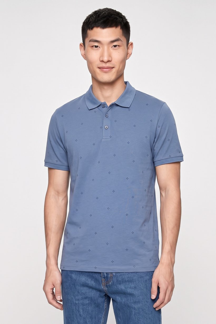 Men Regular Fit Allover Print Short Sleeve Polo Shirt, Dusty Blue