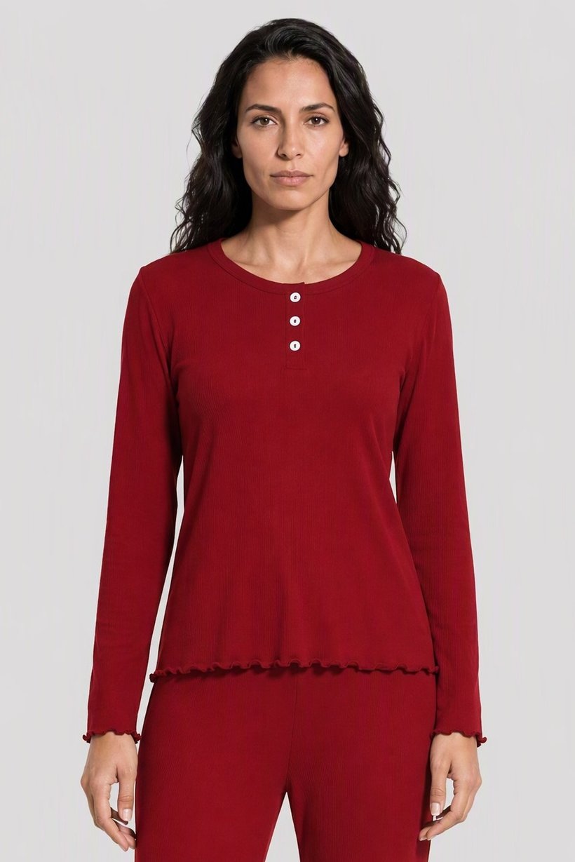 Women 2 Pieces Textured Long Sleeve Top And Pants Pajama Set, Burgundy
