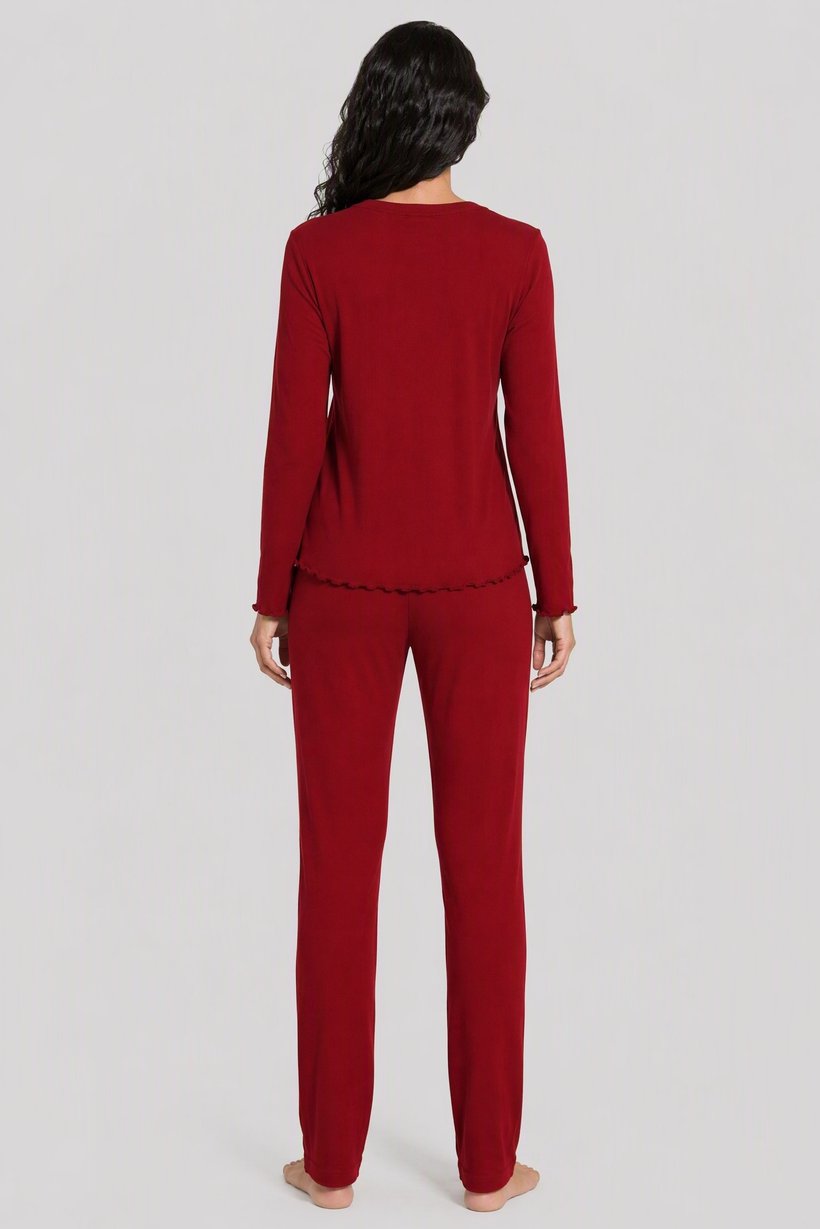 Women 2 Pieces Textured Long Sleeve Top And Pants Pajama Set, Burgundy