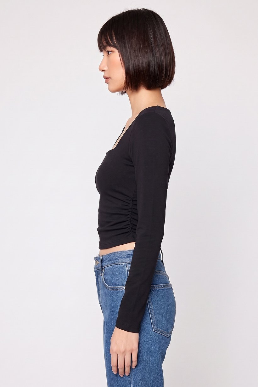 Women Square Neck Long Sleeve Solid Crop Top, Black