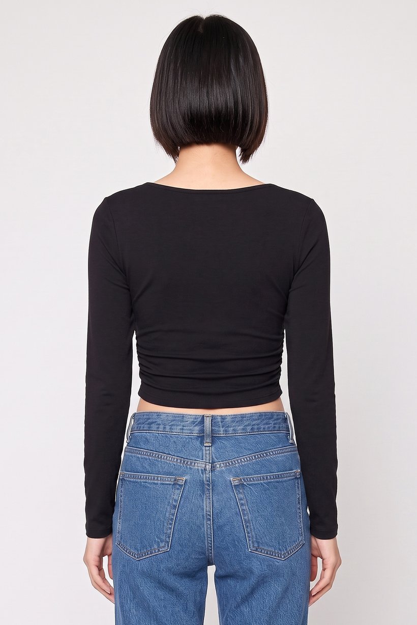 Women Square Neck Long Sleeve Solid Crop Top, Black